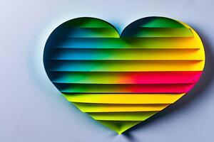 regenboog gekleurde papier besnoeiing uit in de liefde hart vorm geven aan. papier kunst regenboog hart achtergrond met 3d effect, hart vorm in levendig kleuren, vector illustratie. foto