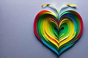 regenboog gekleurde papier besnoeiing uit in de liefde hart vorm geven aan. papier kunst regenboog hart achtergrond met 3d effect, hart vorm in levendig kleuren, vector illustratie. foto