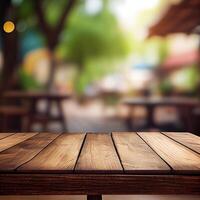 houten tafel top in cafe wazig bokeh achtergrond - ai gegenereerd beeld foto