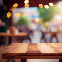 houten tafel top in cafe wazig bokeh achtergrond - ai gegenereerd beeld foto