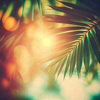 vervagen mooi natuur groen palm blad Aan tropisch strand met bokeh zon licht gloed Golf abstract achtergrond. zomer vakantie en bedrijf reizen concept ruimte - ai gegenereerd beeld foto