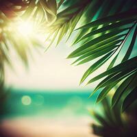 vervagen mooi natuur groen palm blad Aan tropisch strand met bokeh zon licht gloed Golf abstract achtergrond. zomer vakantie en bedrijf reizen concept ruimte - ai gegenereerd beeld foto