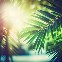 vervagen mooi natuur groen palm blad Aan tropisch strand met bokeh zon licht gloed Golf abstract achtergrond. zomer vakantie en bedrijf reizen concept ruimte - ai gegenereerd beeld foto