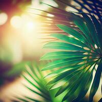 vervagen mooi natuur groen palm blad Aan tropisch strand met bokeh zon licht gloed Golf abstract achtergrond. zomer vakantie en bedrijf reizen concept ruimte - ai gegenereerd beeld foto