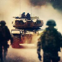 groot leger tank, infanterie brand ondersteuning in oorlog - ai gegenereerd beeld foto