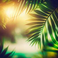 vervagen mooi natuur groen palm blad Aan tropisch strand met bokeh zon licht gloed Golf abstract achtergrond. zomer vakantie en bedrijf reizen concept ruimte - ai gegenereerd beeld foto