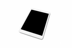 concept voor advertentie en brochure. een tablet met zwart scherm geïsoleerd Aan wit achtergrond. foto