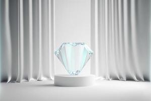 foto podium glas diamant met glanzend gordijn luxe wit achtergrond,3d Product Scherm