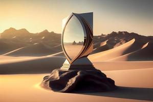 3d podium Scherm Product steen voetstuk met een spiegel geplaatst in de woestijn foto