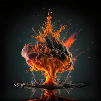 inkt liet vallen in water, doorzichtig, kleurrijk exploderend vuurbol Aan zwart achtergrond foto