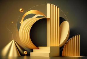 foto 3d renderen van de realistisch goud podium in luxe en minimaal ontwerp met gouden gordijnen