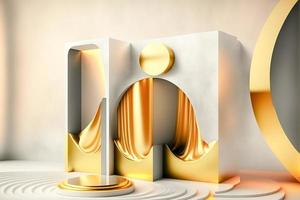 foto 3d renderen van de realistisch goud podium in luxe en minimaal ontwerp met gouden gordijnen