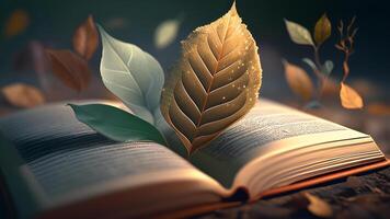 een detailopname van groen bladeren Aan een stack van boeken. ai generatief. foto