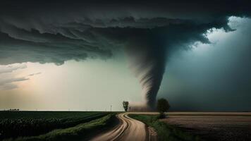 razernij tornado storm wolken over- de stad illustratie ontwerp. generatief ai. foto