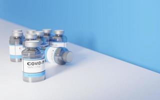 coronavirusvaccin op een witte tafel met een blauwe achtergrond, 3D-rendering foto