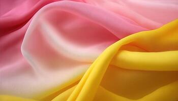 generatief ai, vloeiende chiffon kleding stof structuur in licht roze en geel kleur. glanzend voorjaar banier, materiaal 3d effect, modern macro fotorealistisch abstract achtergrond illustratie. foto