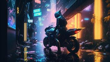 generatief ai, nacht tafereel van na regen stad in cyberpunk stijl met motorfiets, futuristische nostalgisch jaren 80, jaren 90. neon lichten levendig kleuren, fotorealistisch horizontaal illustratie. foto