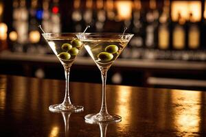 generatief ai, twee martini Aan een nacht bar met pittig olijven, fotorealistisch horizontaal illustratie. alcoholisch drankjes met een plaats voor tekst foto