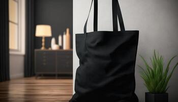 generatief ai, realistisch zwart tote canvas kleding stof zak opstelling in Bij huis interieur, mok bespotten omhoog blanco. foto