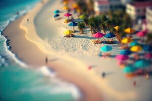 generatief ai, exotisch strand landschap panorama, mooi oceaan visie. natuur zomer illustratie, fotorealistisch kantelen verschuiving horizontaal banier, reizen en vakantie concept. foto