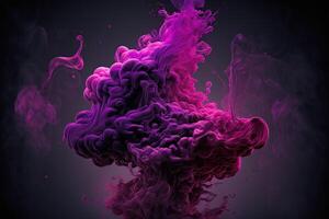 generatief ai, vloeiende vloeistof en rook met spatten in magenta en Purper kleur. helder roze vloeistof banier, 3d effect, modern macro realistisch abstract achtergrond illustratie, inkt in water effect. foto