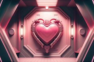 generatief ai, futuristische ruimte schip kamer met roze hart in cyberpunk stijl illustratie. liefde, gevoelens, romantisch st. Valentijnsdag dag concept. sciencefiction, realistisch 3d effect. foto