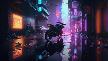 generatief ai, nacht tafereel van na regen stad in cyberpunk stijl met motorfiets, futuristische nostalgisch jaren 80, jaren 90. neon lichten levendig kleuren, fotorealistisch horizontaal illustratie. foto