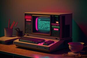 generatief ai, computer Aan de tafel in cyberpunk stijl, nostalgisch jaren 80, jaren 90. neon nacht lichten levendig kleuren, fotorealistisch horizontaal illustratie van de futuristische interieur. technologie concept. foto