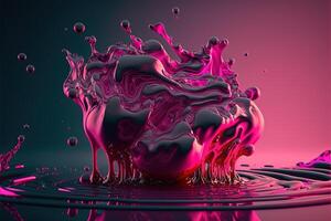 generatief ai, vloeiende vloeistof met spatten in magenta kleur. glanzend roze vloeistof banier, 3d effect, modern macro fotorealistisch abstract achtergrond illustratie. foto
