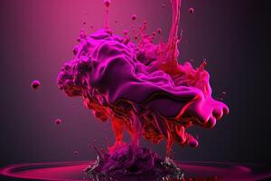 generatief ai, vloeiende vloeistof en rook met spatten in magenta kleur. helder roze vloeistof banier, 3d effect, modern macro fotorealistisch abstract achtergrond illustratie, inkt in water effect. foto