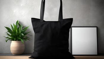 generatief ai, realistisch zwart tote canvas kleding stof zak opstelling in Bij huis interieur, mok bespotten omhoog blanco. foto