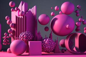 generatief ai, meetkundig figuren, kubus, drijvend bollen en ballen in magenta kleur. glanzend roze vloeistof banier, 3d tafereel effect, modern macro fotorealistisch abstract achtergrond illustratie. foto