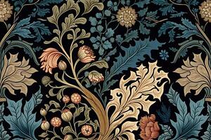 generatief ai, bloemen kleurrijk patroon. William morris geïnspireerd natuurlijk planten en bloemen achtergrond, wijnoogst illustratie. gebladerte ornament. foto