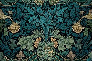 generatief ai, bloemen kleurrijk patroon. William morris geïnspireerd natuurlijk planten en bloemen achtergrond, wijnoogst illustratie. gebladerte ornament. foto