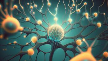 generatief ai, conceptuele illustratie van neuron cellen met gloeiend koppeling knopen in abstract donker ruimte, hoog oplossing. menselijk nerveus systeem, neurale netwerk foto