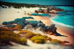 generatief ai, exotisch strand landschap panorama, mooi oceaan visie. natuur zomer illustratie, fotorealistisch kantelen verschuiving horizontaal banier, reizen en vakantie concept. foto