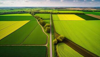 generatief ai, boerderij landschap, agrarisch velden, mooi platteland, land weg. natuur illustratie, fotorealistisch top visie drone, horizontaal spandoek. foto