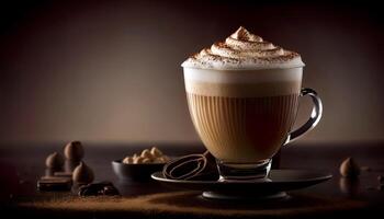 horizontaal beeld van heerlijk cappuccino koffie over- donker achtergrond met kopiëren ruimte. generatief ai. foto