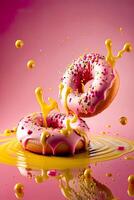 studio schot van roze donuts drijvend over- roze achtergrond. generatief ai. foto