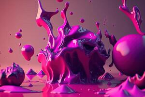 generatief ai, vloeiende vloeistof met spatten in magenta kleur. glanzend roze vloeistof banier, 3d effect, modern macro fotorealistisch abstract achtergrond illustratie. foto