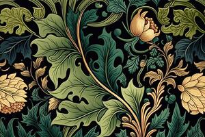 generatief ai, bloemen kleurrijk patroon. William morris geïnspireerd natuurlijk planten en bloemen achtergrond, wijnoogst illustratie. gebladerte ornament. foto