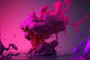 generatief ai, vloeiende vloeistof en rook met spatten in magenta kleur. helder roze vloeistof banier, 3d effect, modern macro fotorealistisch abstract achtergrond illustratie, inkt in water effect. foto