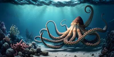 Octopus in kleurrijk koraal rif leefgebied, ai gegenereerd foto