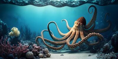 Octopus in kleurrijk koraal rif leefgebied, ai gegenereerd foto