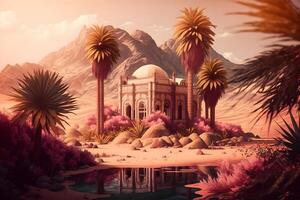 woestijn oase met moskee en palm bomen, behang, ai gegenereerd foto