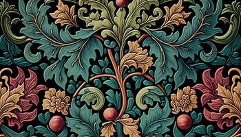 generatief ai, bloemen kleurrijk patroon. William morris geïnspireerd natuurlijk planten en bloemen achtergrond, wijnoogst illustratie. gebladerte ornament. foto