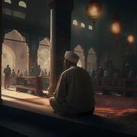 Moslim gebed Bij moskee. ai gegenereerd foto