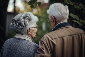 terug visie van een ouderen paar buitenshuis. ouderen Mens en vrouw zijn wandelen samen, hebben romantisch relatie. gelukkig oud leeftijd. gemaakt met generatief ai foto