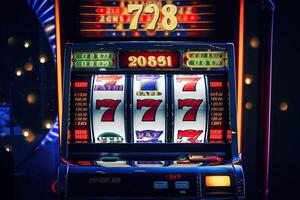 casino sleuf machine met winnend combinatie. het gokken verslaving. casino spellen concept. Lucky een overhandigd bandiet. gemaakt met generatief ai foto