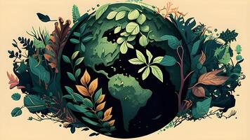 groen planeet aarde met bladeren, kaarten, en bomen schattig natuurlijk illustratie ontwerp. generatief ai. foto